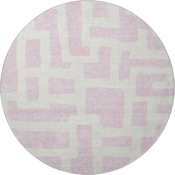 HomeRoots 8' Pink And Ivory Abstract Geometric Round Rug – Washable, UV-Protected, Perfect for Any Space! 671825