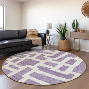 HomeRoots 8' Abstract Geometric Purple & Ivory Round Rug - Washable, UV-Protected, Stain-Resistant & Stylish 671831
