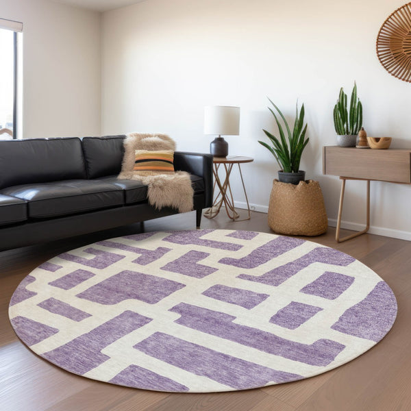 HomeRoots 8' Abstract Geometric Purple & Ivory Round Rug - Washable, UV-Protected, Stain-Resistant & Stylish 671831