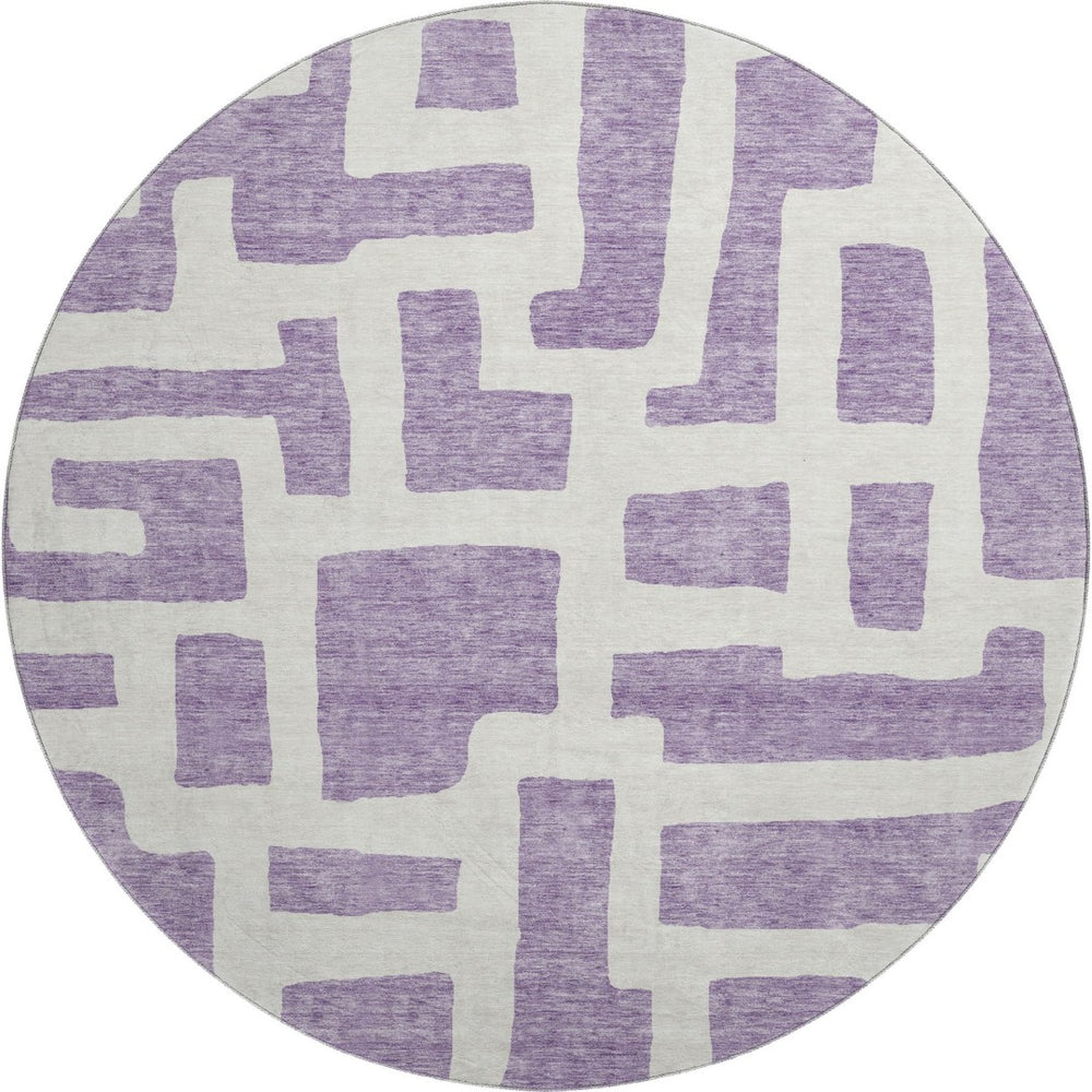HomeRoots 8' Abstract Geometric Purple & Ivory Round Rug - Washable, UV-Protected, Stain-Resistant & Stylish 671831