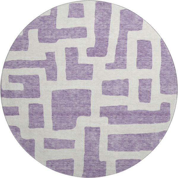 HomeRoots 8' Abstract Geometric Purple & Ivory Round Rug - Washable, UV-Protected, Stain-Resistant & Stylish 671831