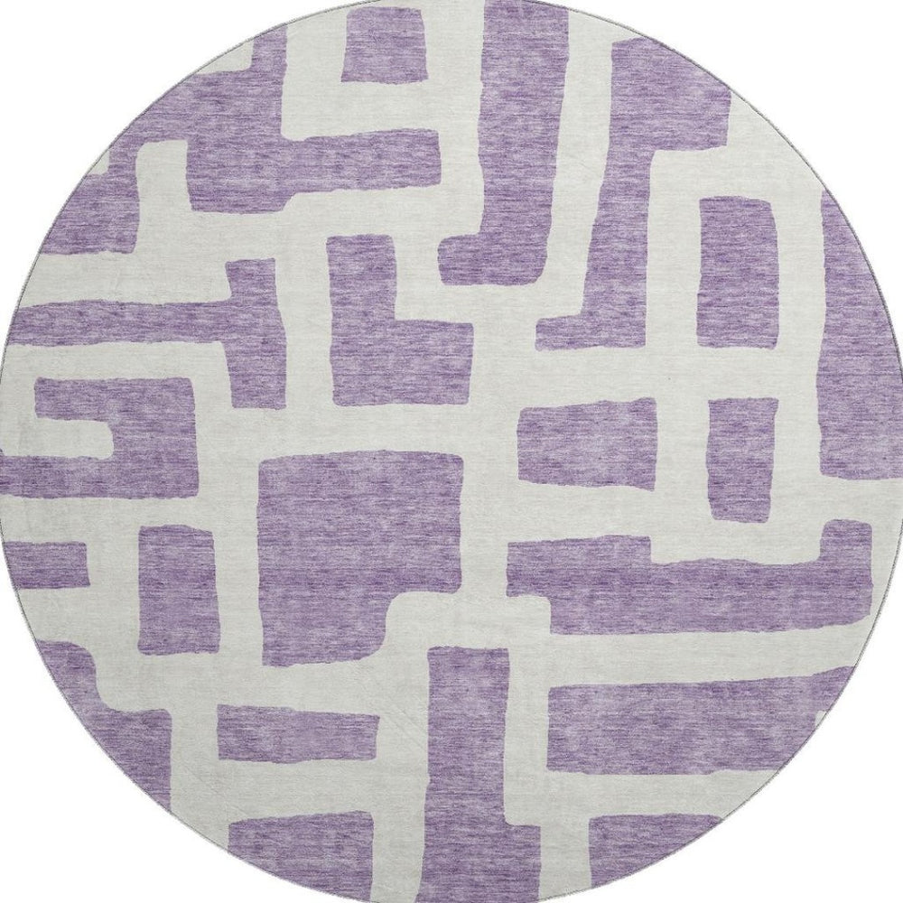 HomeRoots 8' Abstract Geometric Purple & Ivory Round Rug - Washable, UV-Protected, Stain-Resistant & Stylish 671831