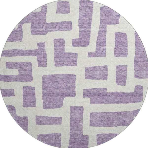 HomeRoots 8' Abstract Geometric Purple & Ivory Round Rug - Washable, UV-Protected, Stain-Resistant & Stylish 671831