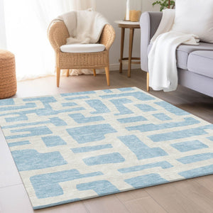 HomeRoots 5' X 8' Sky Blue Ivory Abstract Geometric Area Rug - Washable, UV Protected, Perfect for High Traffic Areas 671836