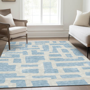 HomeRoots 5' X 8' Sky Blue Ivory Abstract Geometric Area Rug - Washable, UV Protected, Perfect for High Traffic Areas 671836