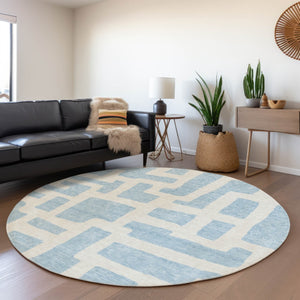 HomeRoots 8' Sky Blue & Ivory Abstract Geometric Round Rug - Washable, UV-Protected, Durable for Every Space! 671837
