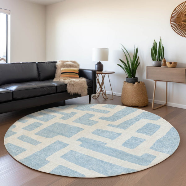 HomeRoots 8' Sky Blue & Ivory Abstract Geometric Round Rug - Washable, UV-Protected, Durable for Every Space! 671837