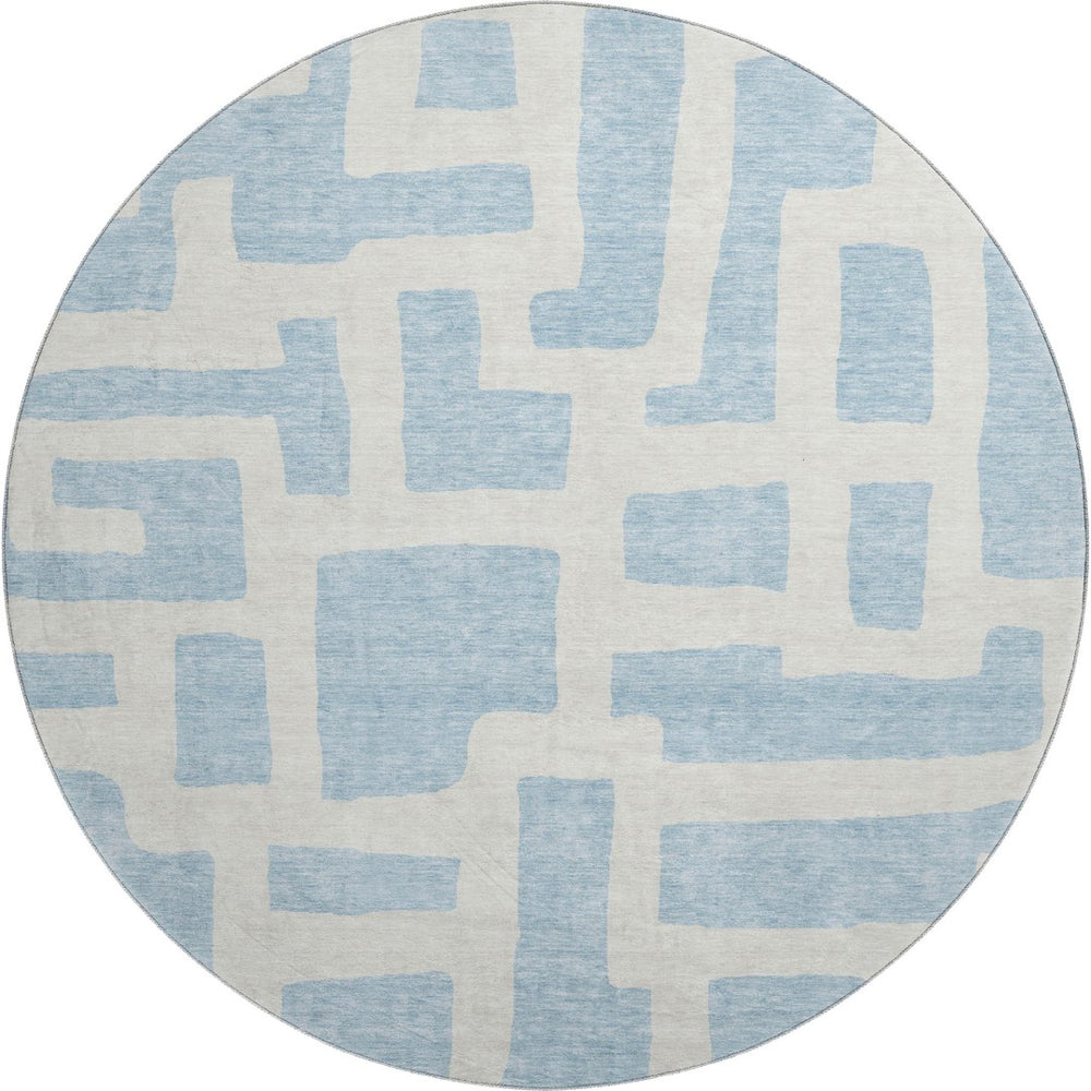 HomeRoots 8' Sky Blue & Ivory Abstract Geometric Round Rug - Washable, UV-Protected, Durable for Every Space! 671837