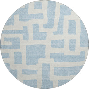 HomeRoots 8' Sky Blue & Ivory Abstract Geometric Round Rug - Washable, UV-Protected, Durable for Every Space! 671837