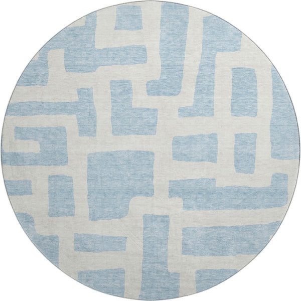 HomeRoots 8' Sky Blue & Ivory Abstract Geometric Round Rug - Washable, UV-Protected, Durable for Every Space! 671837