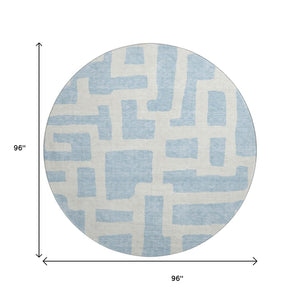 HomeRoots 8' Sky Blue & Ivory Abstract Geometric Round Rug - Washable, UV-Protected, Durable for Every Space! 671837