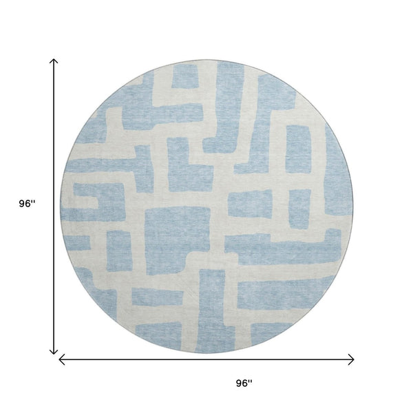 HomeRoots 8' Sky Blue & Ivory Abstract Geometric Round Rug - Washable, UV-Protected, Durable for Every Space! 671837
