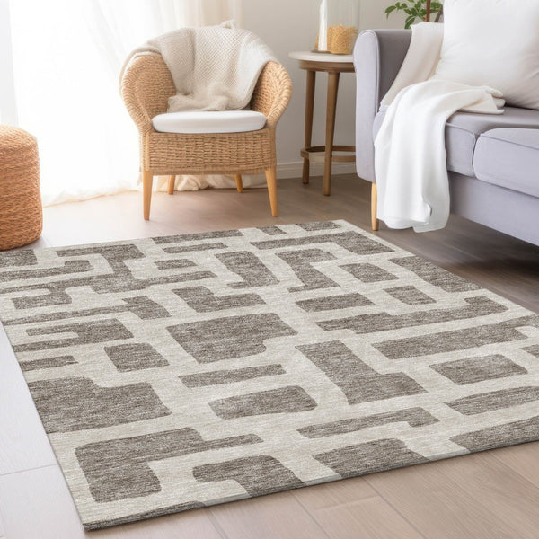 HomeRoots 5' X 8' Taupe and Beige Abstract Area Rug - Washable, UV-Protected, Durable for Family & Pets 671842