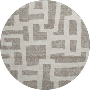 HomeRoots 8' Taupe and Beige Abstract Geometric Round Rug - Washable, UV-Protected, Perfect for High Traffic Areas 671843