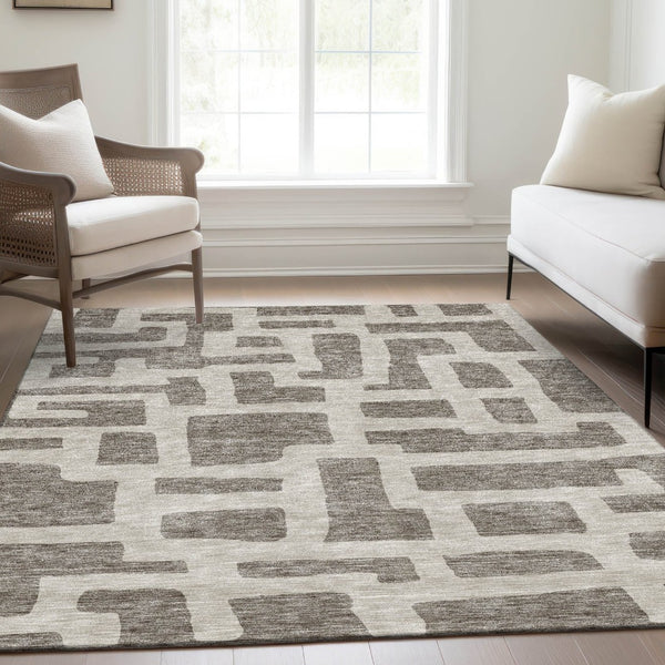 HomeRoots 10' X 14' Abstract Geometric Washable Area Rug – Stylish Taupe & Beige Design with UV Protection 671846
