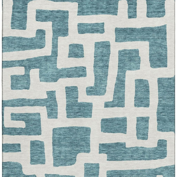 HomeRoots 5' X 8' Teal & Ivory Abstract Geometric Area Rug - Washable, UV-Protected, Modern Home Essential 671848