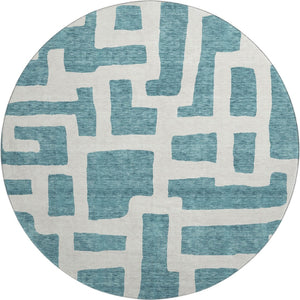HomeRoots 8' Teal and Ivory Abstract Geometric Round Rug - Durable, Washable, UV-Protected for Modern Spaces 671849
