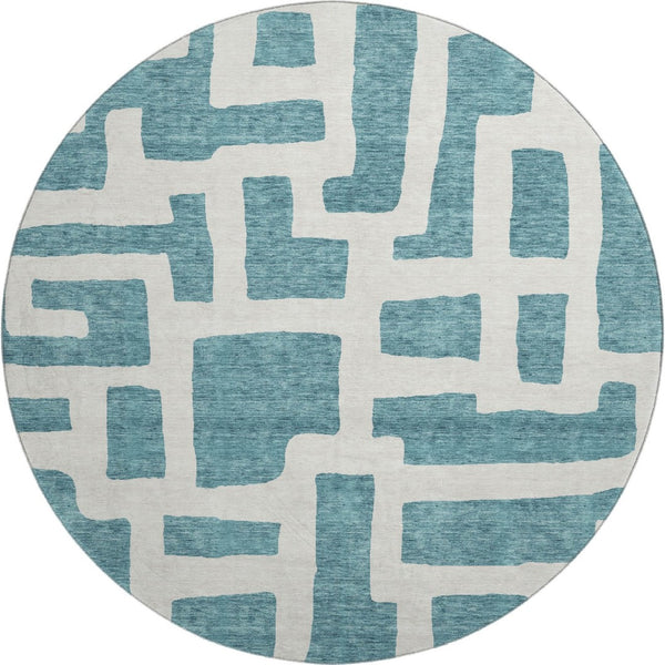 HomeRoots 8' Teal and Ivory Abstract Geometric Round Rug - Durable, Washable, UV-Protected for Modern Spaces 671849