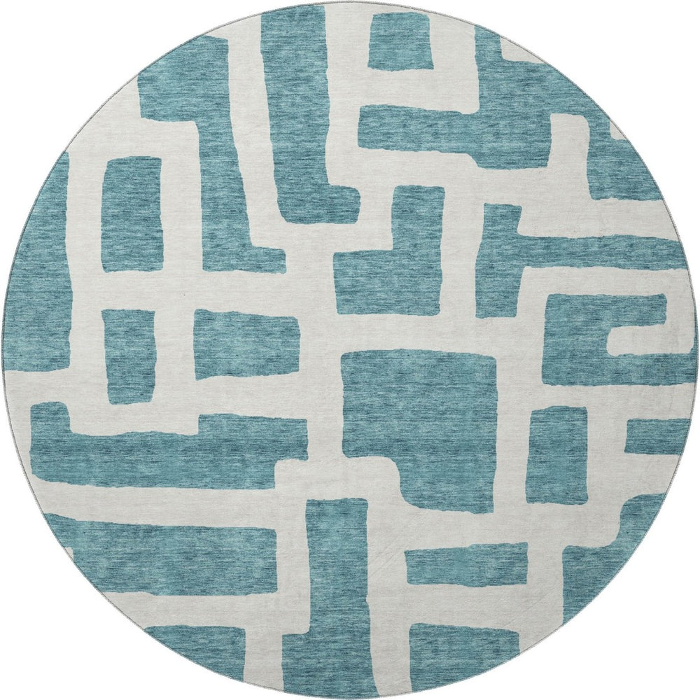 HomeRoots 8' Teal and Ivory Abstract Geometric Round Rug - Durable, Washable, UV-Protected for Modern Spaces 671849