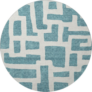 HomeRoots 8' Teal and Ivory Abstract Geometric Round Rug - Durable, Washable, UV-Protected for Modern Spaces 671849