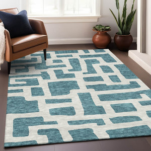 HomeRoots 10' X 14' Teal and Ivory Abstract Geometric Area Rug – Durable, Washable, UV-Protected for Style! 671852
