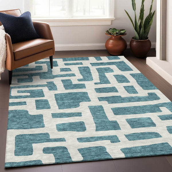 HomeRoots 10' X 14' Teal and Ivory Abstract Geometric Area Rug – Durable, Washable, UV-Protected for Style! 671852