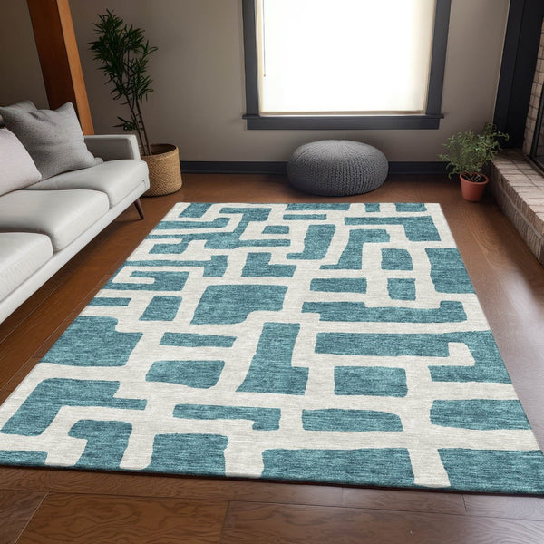 HomeRoots 10' X 14' Teal and Ivory Abstract Geometric Area Rug – Durable, Washable, UV-Protected for Style! 671852