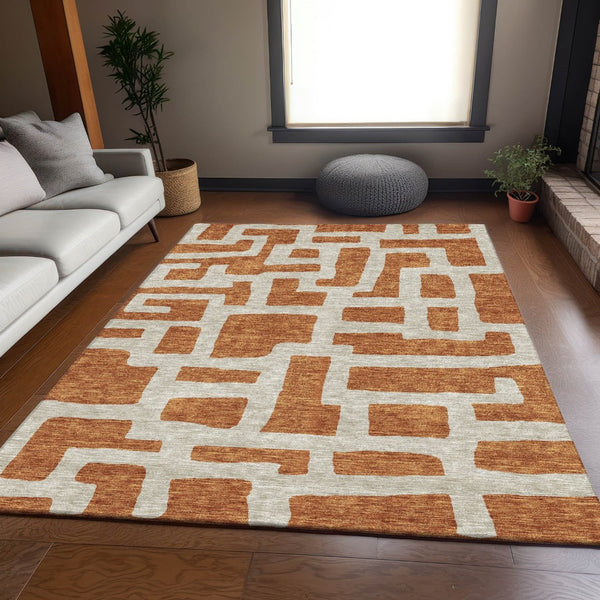 HomeRoots 5' X 8' Stylish Terra Cotta Abstract Area Rug - Washable, Stain-Resistant, UV Protected for Homes 671854