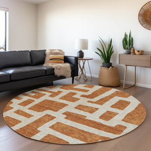 HomeRoots 8' Washable Round Rug in Terra Cotta & Beige - Durable, UV-Protected, Geometric Design for Home Style 671855