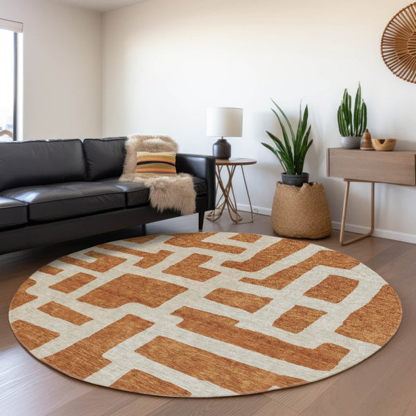 HomeRoots 8' Washable Round Rug in Terra Cotta & Beige - Durable, UV-Protected, Geometric Design for Home Style 671855