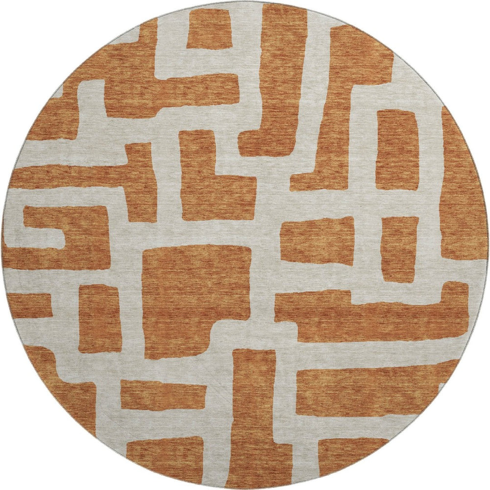 HomeRoots 8' Washable Round Rug in Terra Cotta & Beige - Durable, UV-Protected, Geometric Design for Home Style 671855