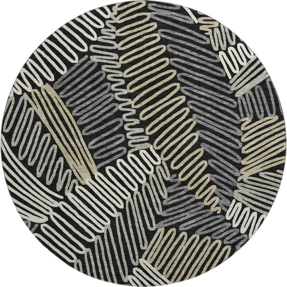 HomeRoots 8' Black Ivory Gray Floral Washable Round Rug - UV Protected, Durable, Stain-Resistant Design for Homes 671867