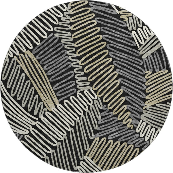 HomeRoots 8' Black Ivory Gray Floral Washable Round Rug - UV Protected, Durable, Stain-Resistant Design for Homes 671867