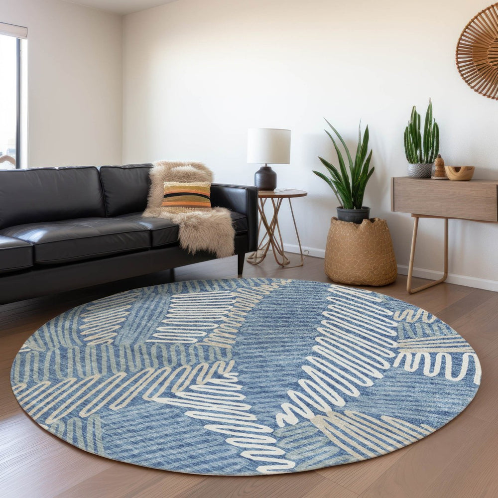 HomeRoots 8' Blue Ivory and Gray Floral Washable Round Rug – Durable, UV Protected, Soft, and Stylish Accent Piece 671873