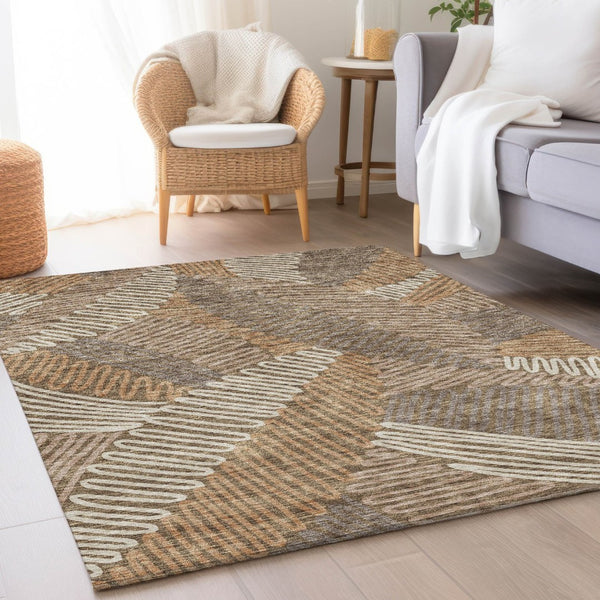 HomeRoots 5' X 8' Brown And Beige Floral Area Rug - Washable, Stain-Resistant, UV Protected for Modern Homes 671878