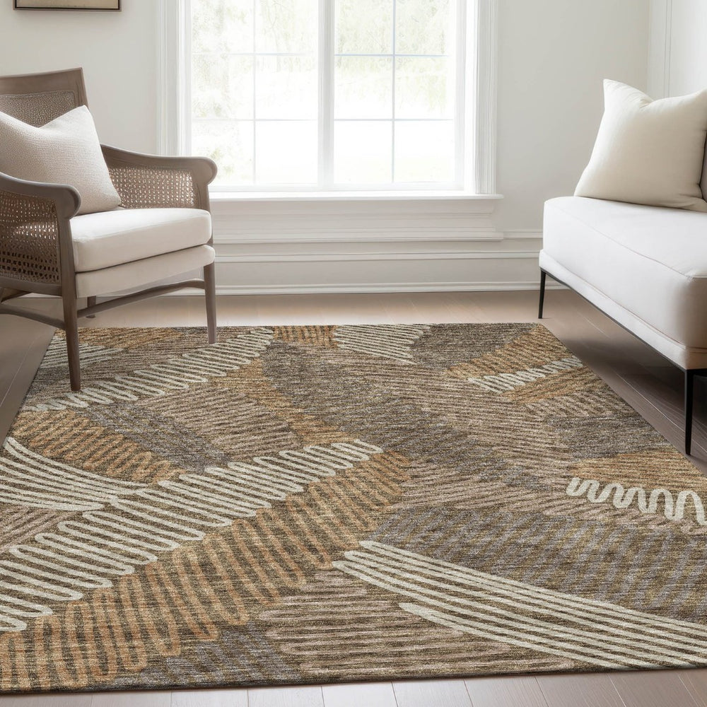 HomeRoots 5' X 8' Brown And Beige Floral Area Rug - Washable, Stain-Resistant, UV Protected for Modern Homes 671878