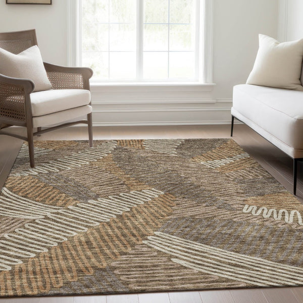 HomeRoots 5' X 8' Brown And Beige Floral Area Rug - Washable, Stain-Resistant, UV Protected for Modern Homes 671878