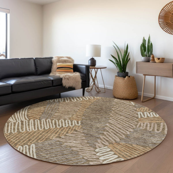 HomeRoots 8' Brown and Beige Floral Round Rug - Washable, UV Protected, Durable Design for High-Traffic Areas 671879