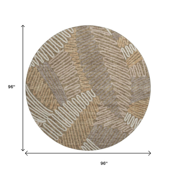 HomeRoots 8' Brown and Beige Floral Round Rug - Washable, UV Protected, Durable Design for High-Traffic Areas 671879