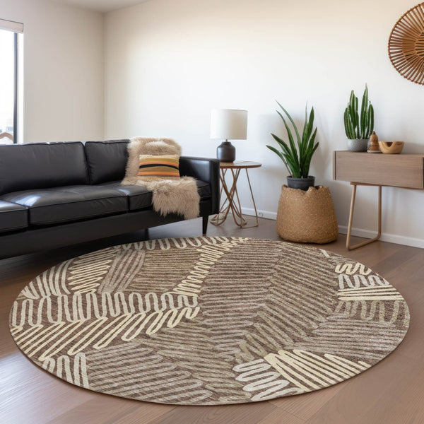 HomeRoots 8' Chocolate and Taupe Floral Washable Round Rug – Durable, UV-Protected, Ideal for Busy Homes 671885