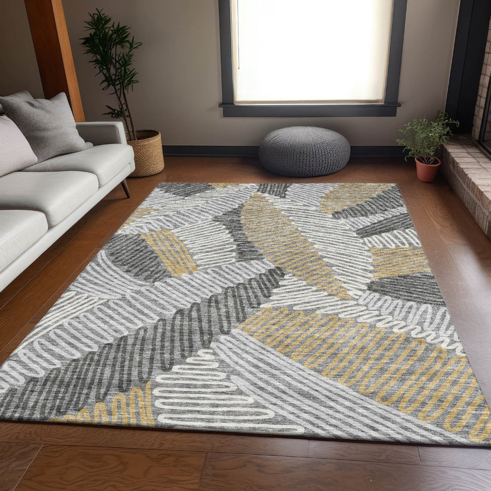HomeRoots 5' X 8' Gray Gold Ivory Floral Area Rug - Washable, UV Protected, Durable, Perfect for Any Room! 671890