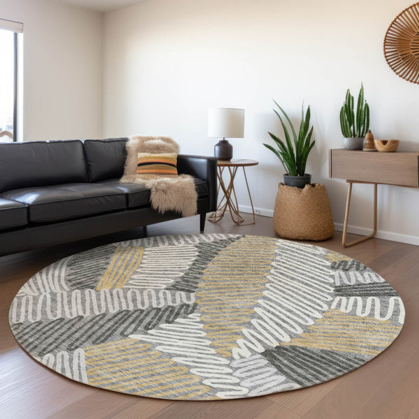 HomeRoots 8' Elegant Gray, Gold & Ivory Floral Round Area Rug - Washable, UV Protected & Durable Design 671891