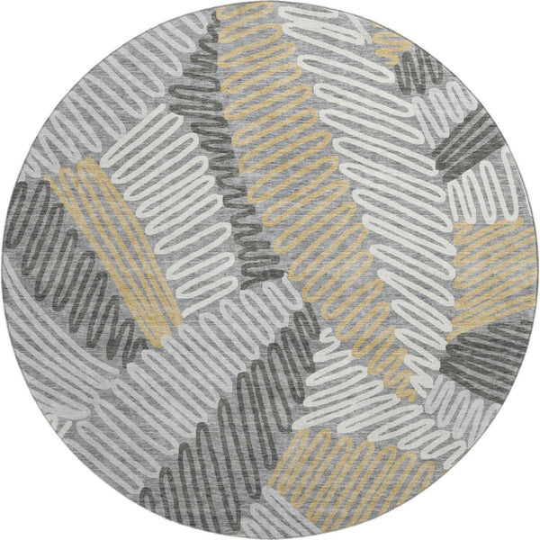 HomeRoots 8' Elegant Gray, Gold & Ivory Floral Round Area Rug - Washable, UV Protected & Durable Design 671891