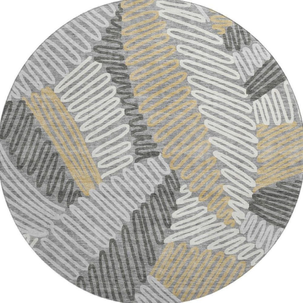 HomeRoots 8' Elegant Gray, Gold & Ivory Floral Round Area Rug - Washable, UV Protected & Durable Design 671891