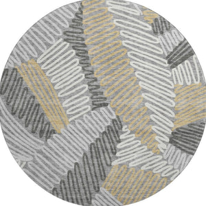 HomeRoots 8' Elegant Gray, Gold & Ivory Floral Round Area Rug - Washable, UV Protected & Durable Design 671891