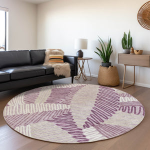 HomeRoots 8' Elegant Floral Round Rug in Lavender, Ivory & Beige - Washable, UV Protected, Family-Friendly Design 671903