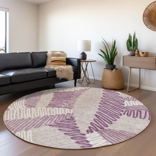 HomeRoots 8' Elegant Floral Round Rug in Lavender, Ivory & Beige - Washable, UV Protected, Family-Friendly Design 671903