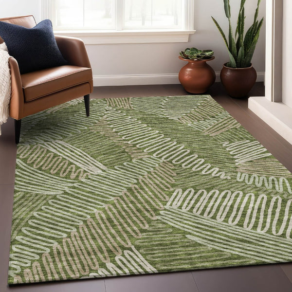 HomeRoots 5' Olive Green Ivory Beige Floral Area Rug - Washable, UV Protected, Durable for High Traffic Spaces 671914