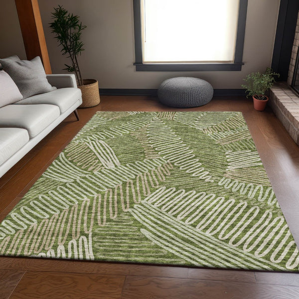 HomeRoots 5' Olive Green Ivory Beige Floral Area Rug - Washable, UV Protected, Durable for High Traffic Spaces 671914