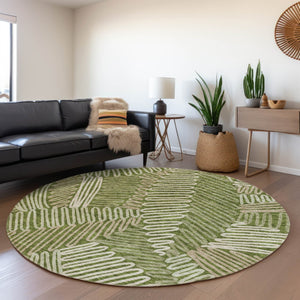 HomeRoots 8' Washable Round Floral Rug in Olive Green, Ivory & Beige - UV Protected & Stain Resistant! 671915